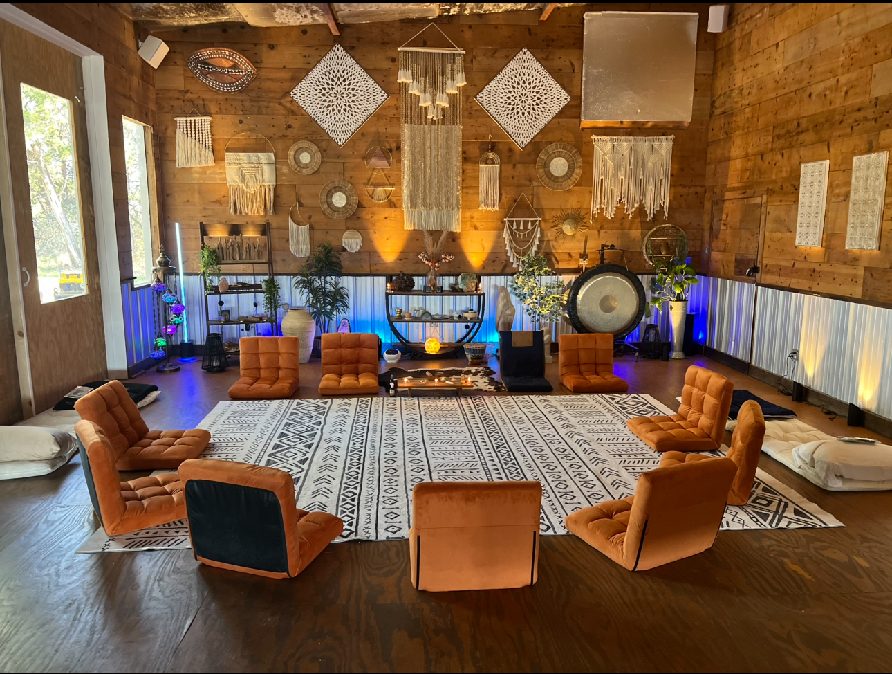 Ceremonial temple space with soft cushions and natural light